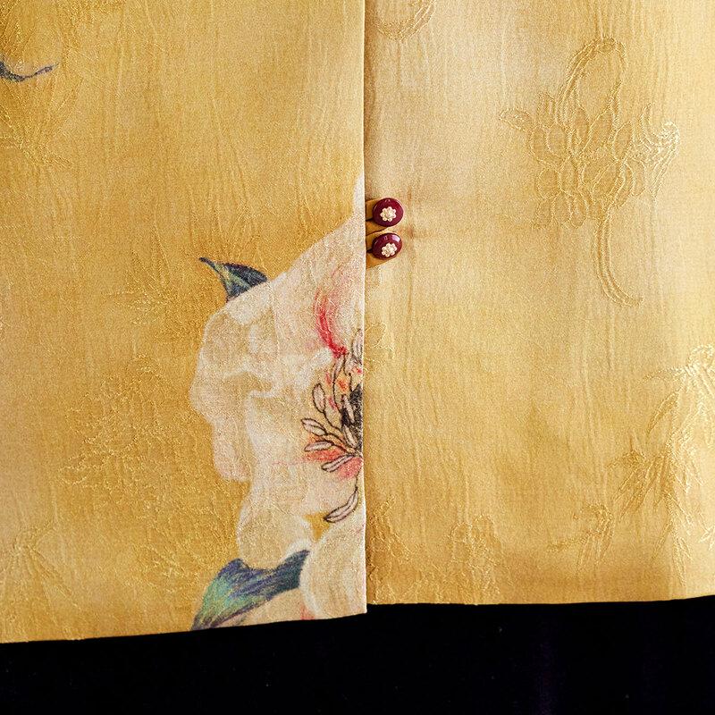 Pasite Autumn Chinese Style Floral Print Stand Collar Coat