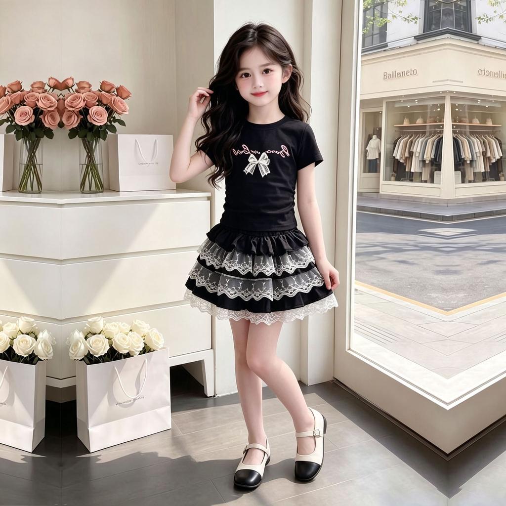 Sweet Summer Short Sleeve T Shirt with Lace Trim and Tiered Skirt Two Piece Set