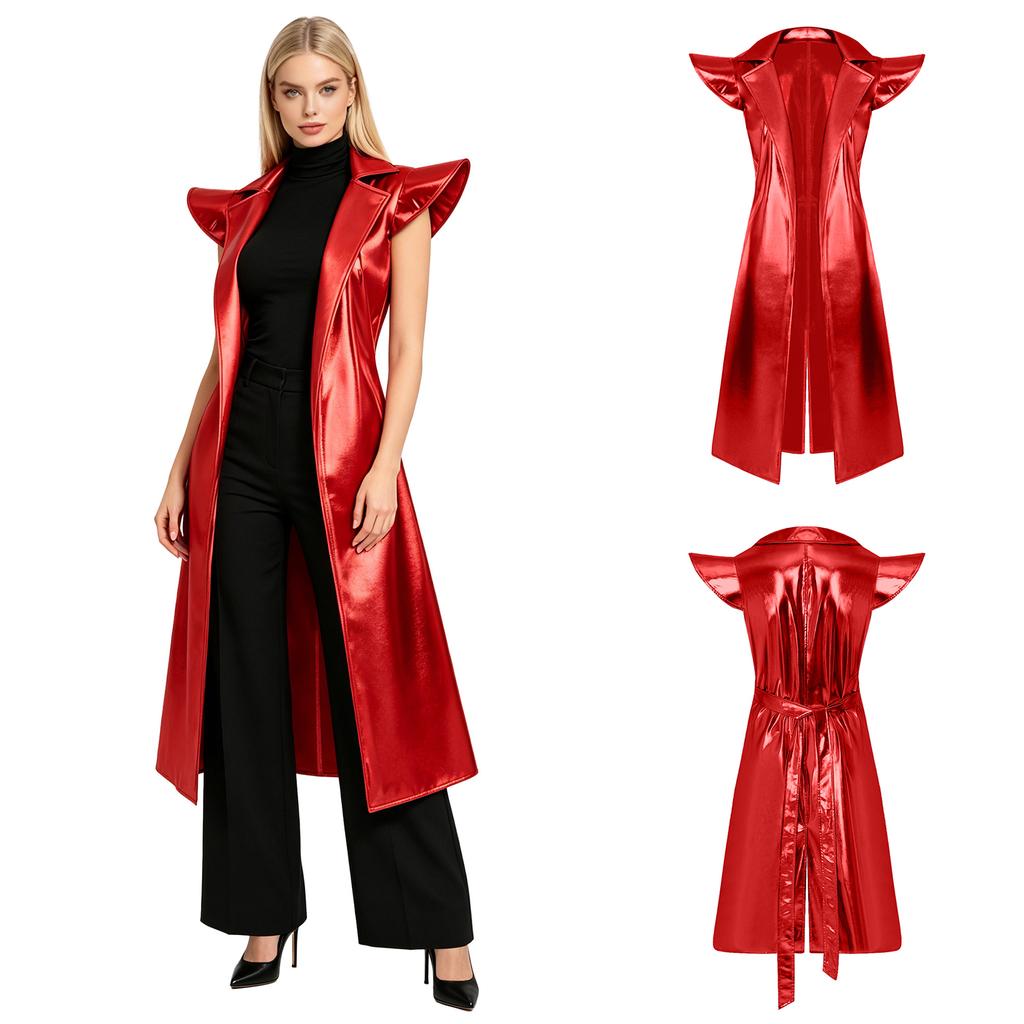 Damen Metallic Glänzend Ärmellos Trenchcoat Revers Offene Front Mit Gürtel Lange Jacke