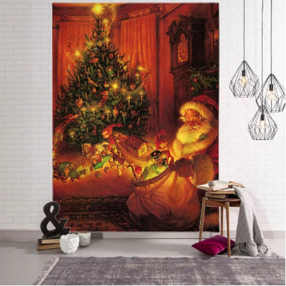 Cartoon Santa Claus Pattern Tapestry Home Bedroom Living Room Wall Decoration Christmas Theme Tapestry