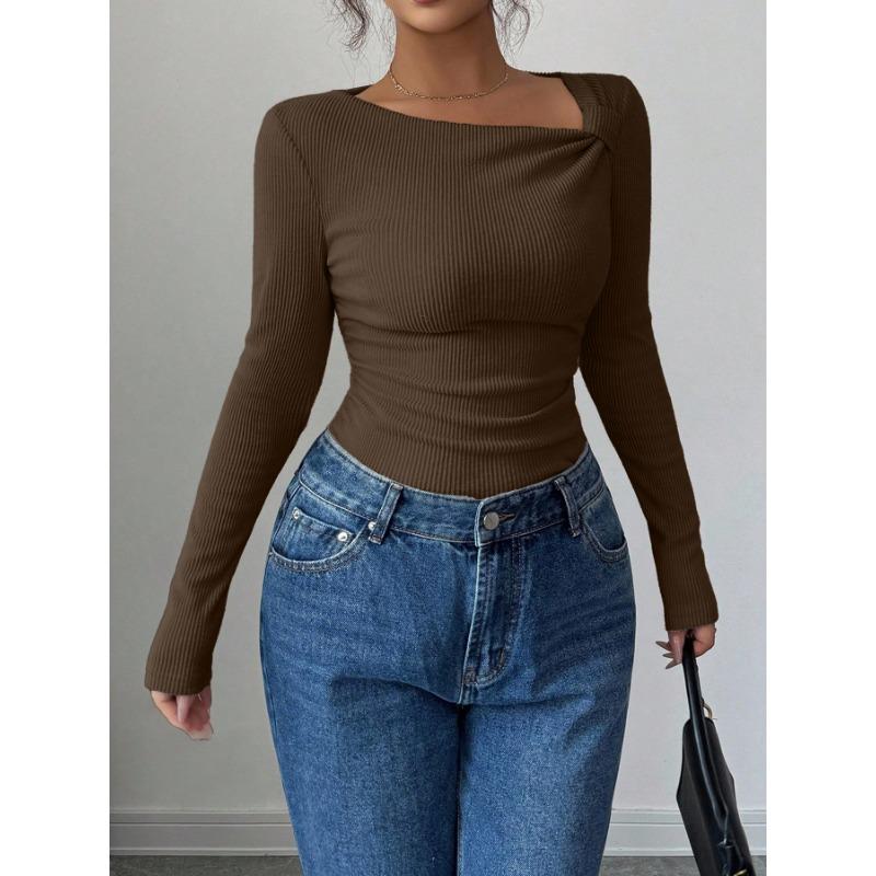 Women S Asymmetrical Neck Long Sleeve Knit Top Slim Fit Autumn Blouse