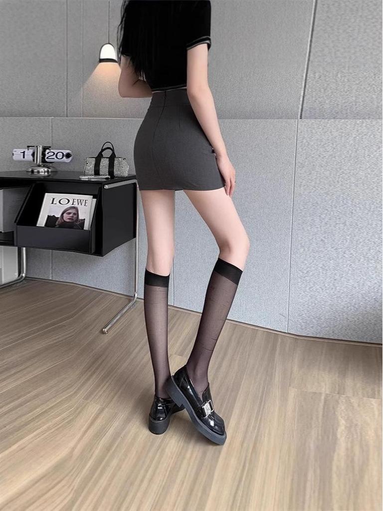 High Waist Grey A-Line Midi Skirt for Women - Petite Fit, Bodycon Style, Summer Wear, Anti-Exposure Design