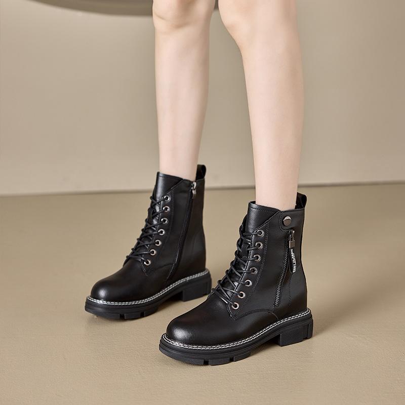 Autumn leather Martin boots women's side zipper women's leather boots thick-soled inner height-increasing casual shoes