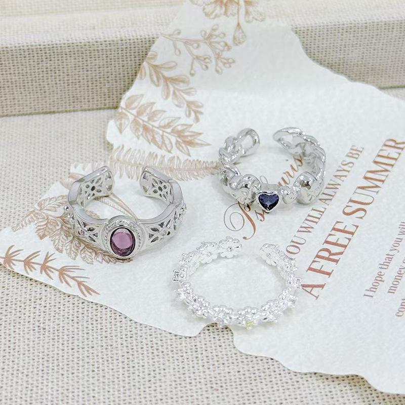 Light Luxury Retro High-Grade Inlaid Purple Diamond Egg Surface Love Open Ring, Personalized Design, Niche Exquisite Stacked Ring