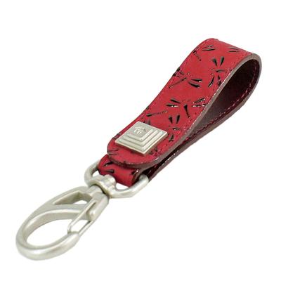 Indenya Inden Belt Strap Keychain B, Deerskin, Red with Black Lacquer, Dragonfly Pattern, 4701-03-008