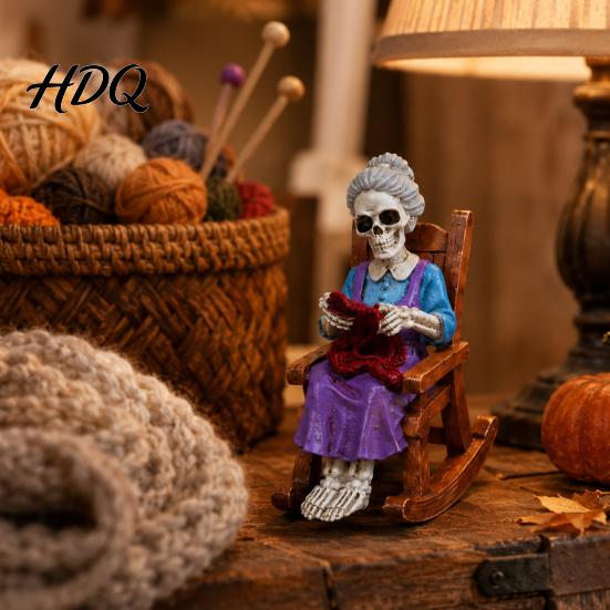 Vintage Style Skeleton Decor Halloween Figurine Resin Sitting On Rocking Chair Statue Drinking Funny Dark Holiday Figurines Coffee Crocheting