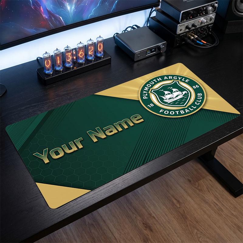 Plymouth Argyle FC Custom Large Mouse Pad, Personalized Name Text Print, Football Logo Non‑Slip Desk Mat Gaming Gift