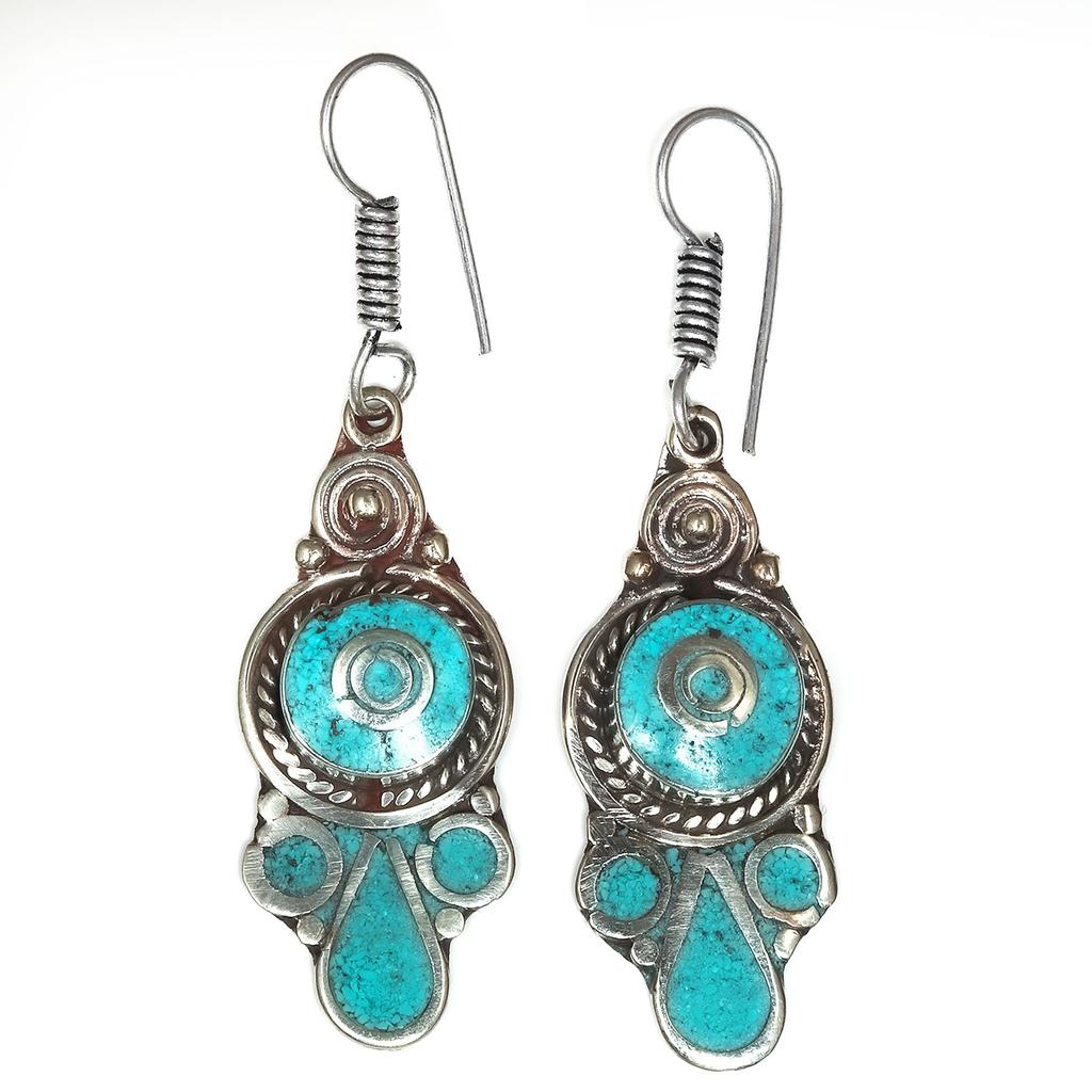 Tibetan Turquoise Coral Red Earrings Nepali Tribal 12gms 1.5" 1.6" Chunky Gift