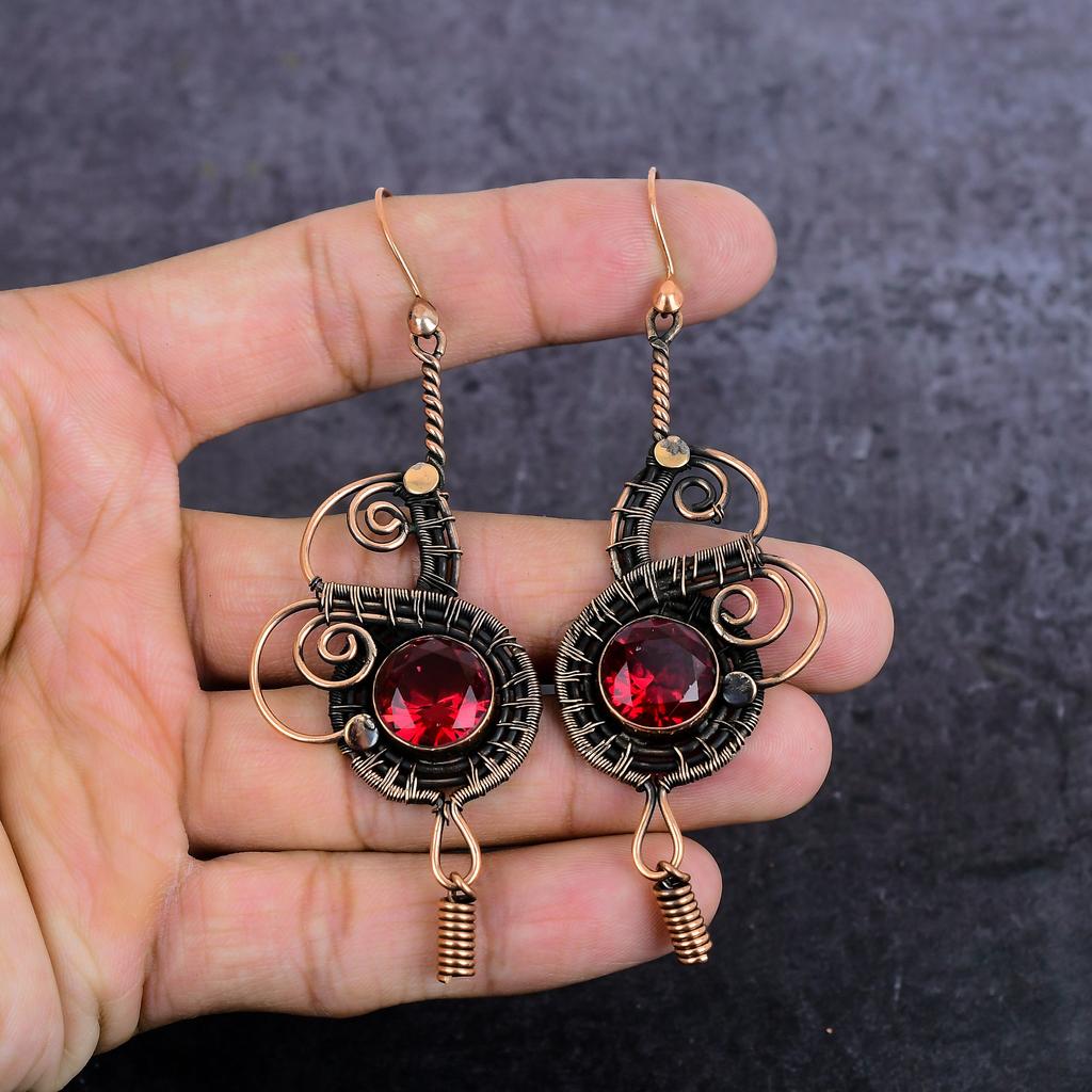 Natural Garnet Gemstone Handmade Copper Wire Wrap Jewelry Earring 3.70" P4i09