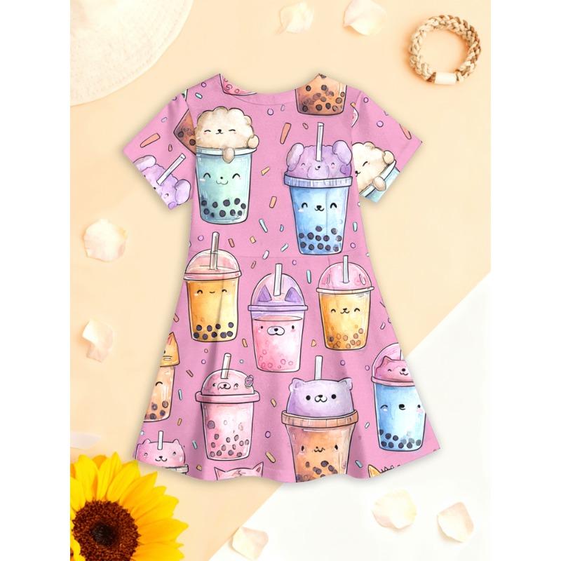 Short-Sleeved Dress for Girls Featuring a 3D Printed Cat Design - a Casual Summer Tutu Dress
