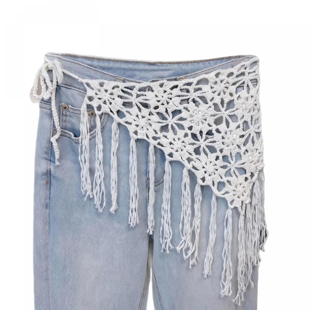 Bohemian Fringe Tassel Belt with Crochet Detailing and Sheer Wrap Cover Up for Festival Rave and Beach Wear