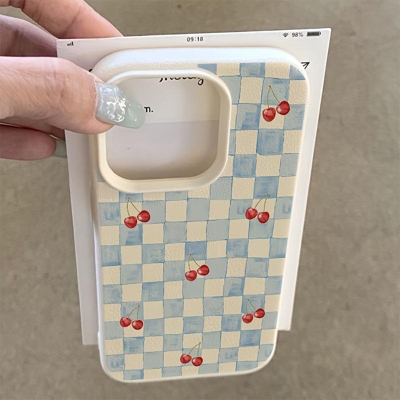 Blue Checkered Cherry Lychee Pattern Phone Case For iPhone 17 16 15 14 13 12 11 Pro Max 17 Air 15 14 Plus X XS XR 16E Soft Cover