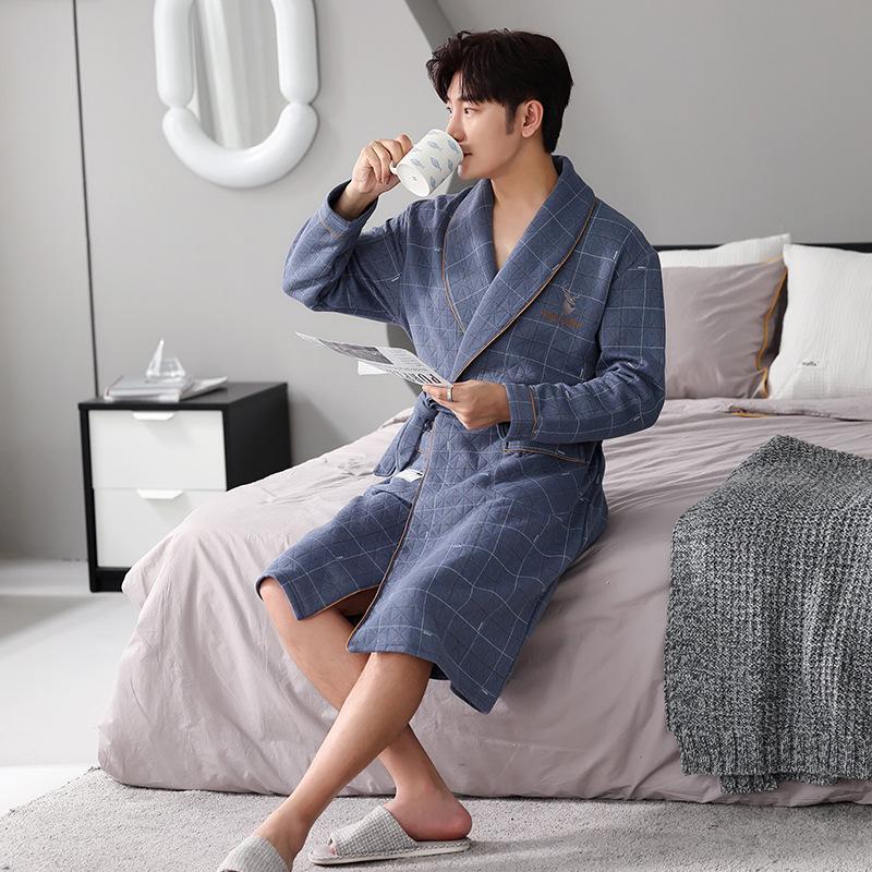 Men's Long Cotton Pajamas & Bathrobe - Thick, Three-Layer for Winter & Spring