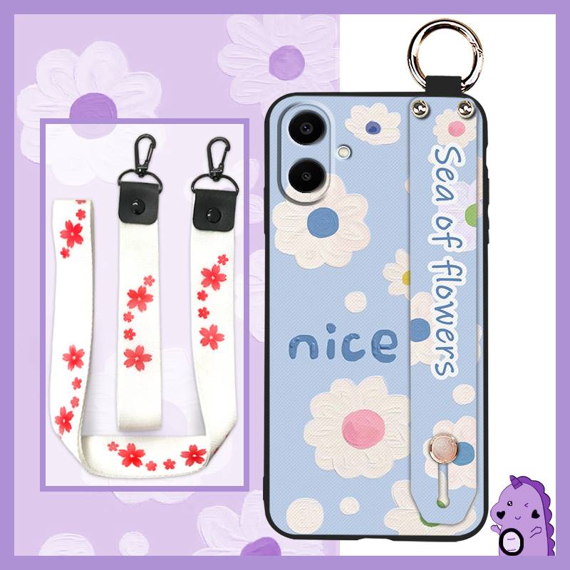 Durable Back Cover Phone Case For Samsung Galaxy A07 Flower Silicone Anti-knock Wrist Strap Shockproof Lanyard Anti-dust