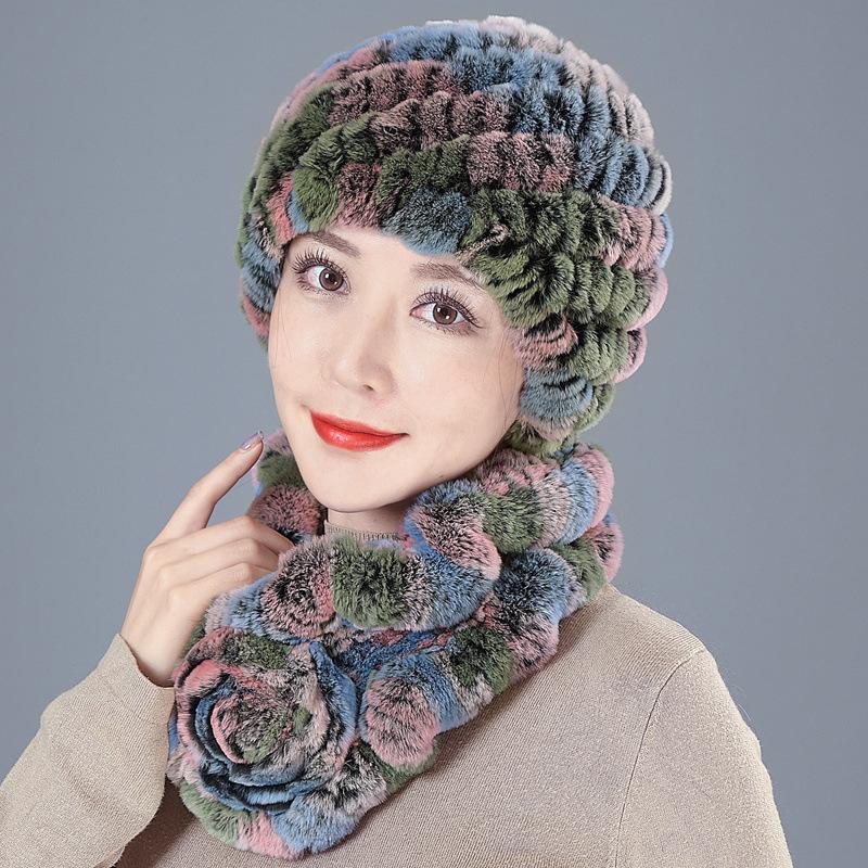 Middle-aged Rex rabbit hair hat female autumn and winter warm elderly grandmother ear protection fur mother wool scarf