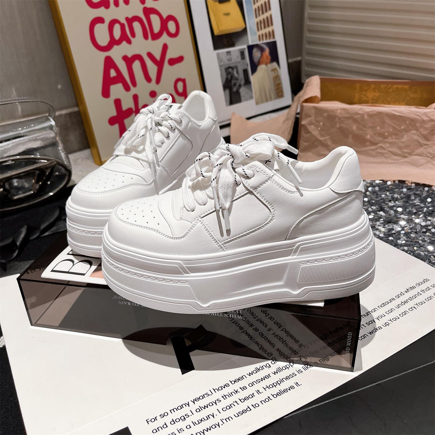 

Korean version leather lace-up thick-soled muffin 6cm small casual shoes board shoes versatile ultra-light soles large white shoes women s shoes 35