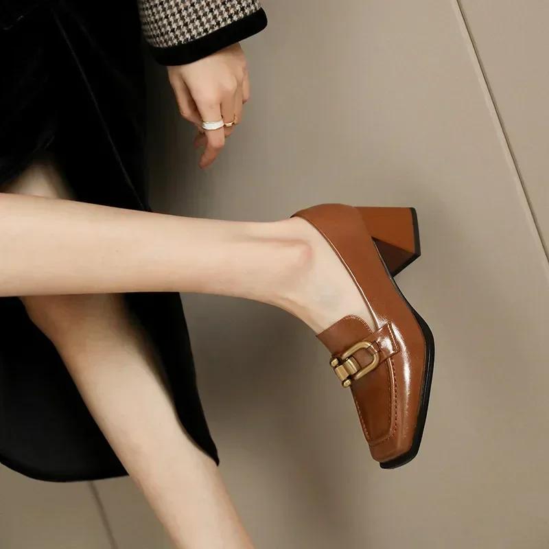 2024 Hot New Square High Heels Women's Thick Soled Small Leather Shoes Deep Mouth Thick Single Shoes Women's Shoes