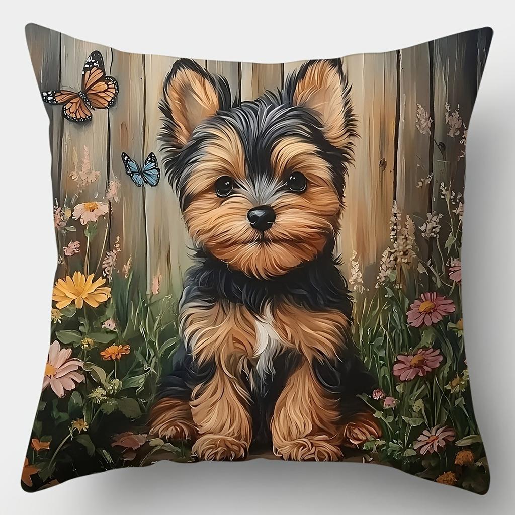 Yorkshire Terrier im Blumengarten KissenbezügeWohnzimmer Sofakissenbezug, weich und bequem, Schlafzimmerraumdekoration