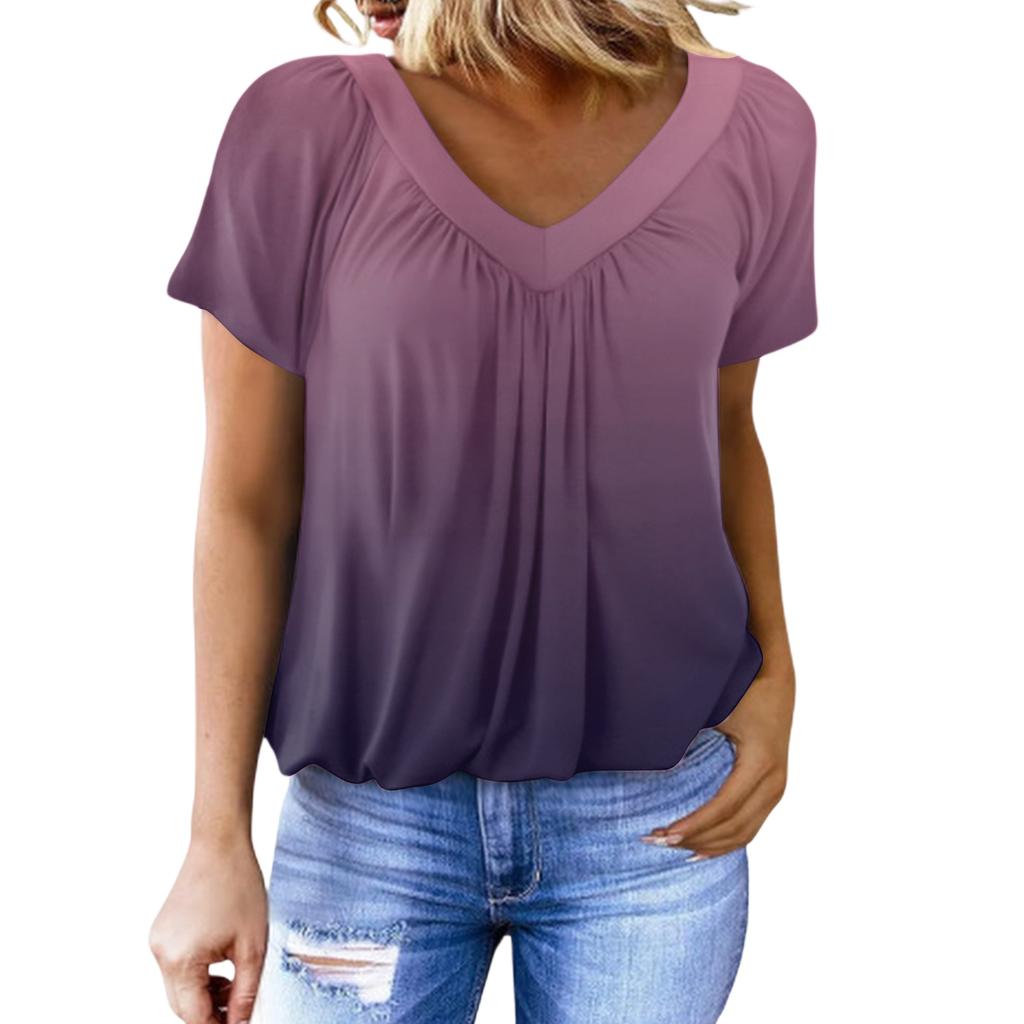 Women's Casual Color V-Neck Pleated Gradient Print Short-Sleeve Top