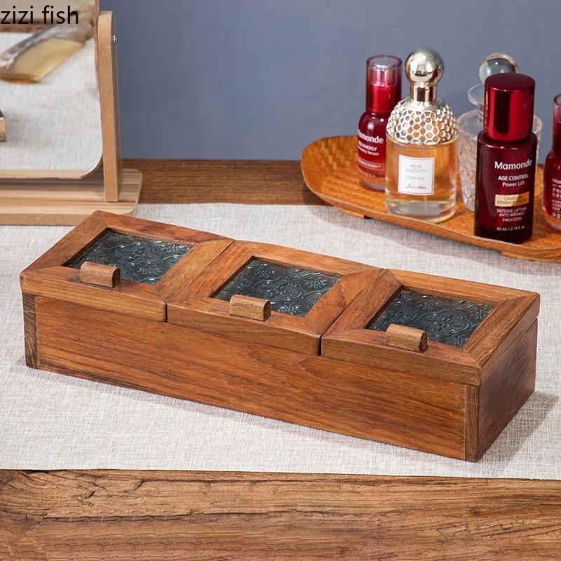 Solid Wood Storage Box Glass Lid Jewelry Boxes 3 Grids Snack Plate Dried Fruit Box Candy Boxes Jewelry Organizer Snack Trays
