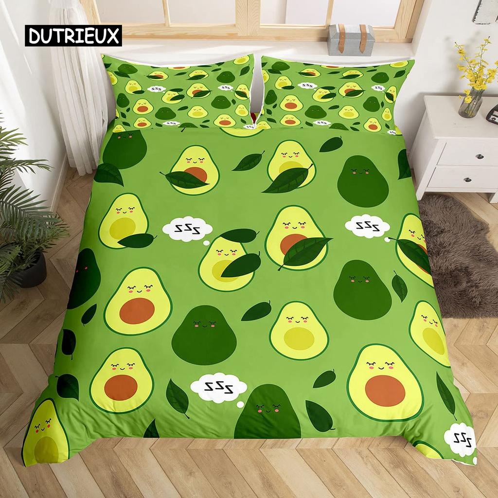 Avocado-Bettbezug-Set für Kinder, Kawaii-Bettwäsche-Set, süße Früchte, Bettbezug, Zwillingsgröße, tropischer botanischer Cartoon-Bettbezug