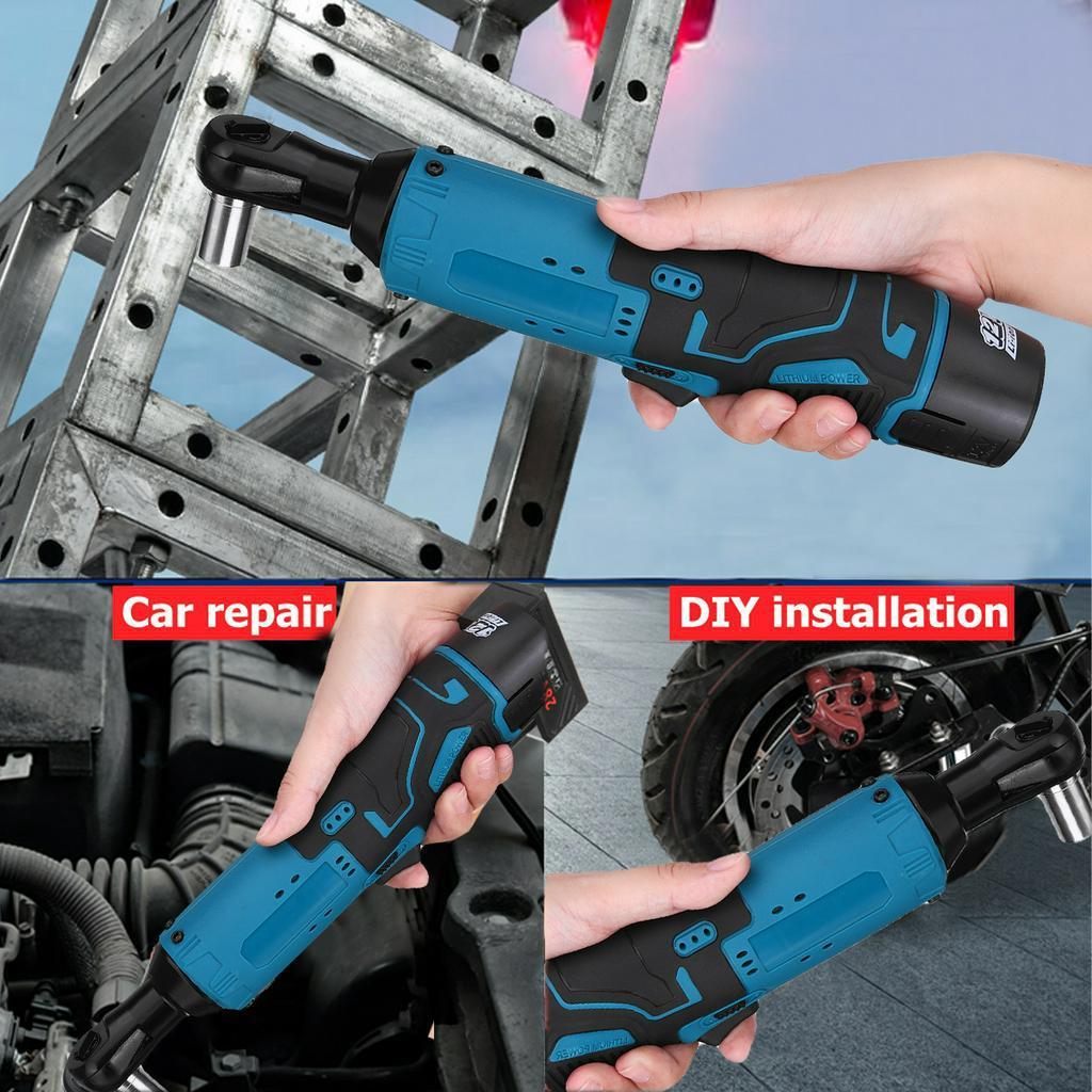 57N.m Electric Wrench Right Angle Wrench 3/8" Cordless Ratchet Rechargeable Scaffolding Tools with 2Pcs Battery Charger Kit 12V