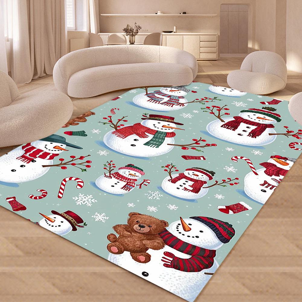 Christmas Snowman Carpet Teddy Bear Stockings Candy Cane Snowflakes Non-slip Rug Mat Living Room Bedroom Home Decoration