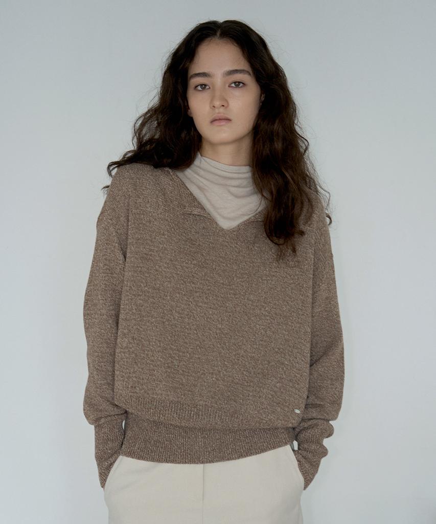 WEEVER V Neck Slit Loose Fit Knit Brown