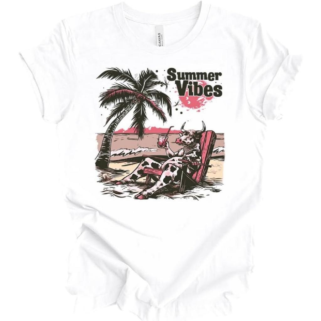 Trenz Shirt Company Womens Summer Vibes Cow on The Beach Short Sleeve T-Shirt - Women's Summer Tops