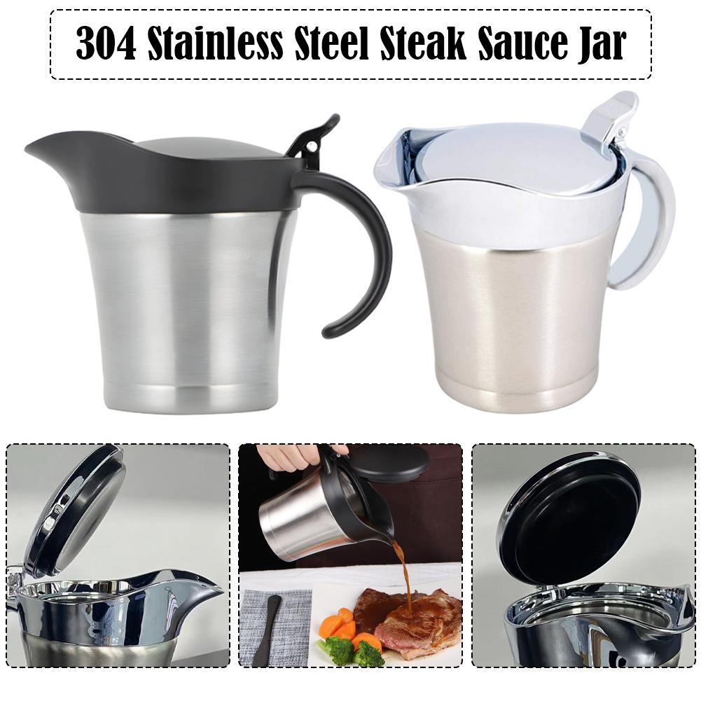 304 Stainless Steel Gravy Jug 450ML Sauce Dispenser Double Insulated Sauce Gravy Boat Vinaigrette Pot with Hinged Lid for Home