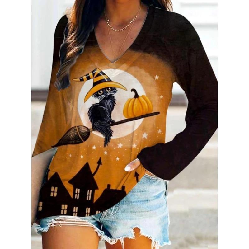 Spring and Autumn V-neck 3D Halloween Printed Top Fashionable Casual Long Sleeved Women's T-shirts
