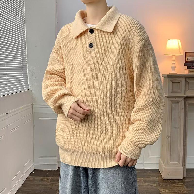 Japanese Lazy Style Polo Neck Sweater Men's American Retro Coffee Color Advanced Sense Oversize Knitted Sweater
