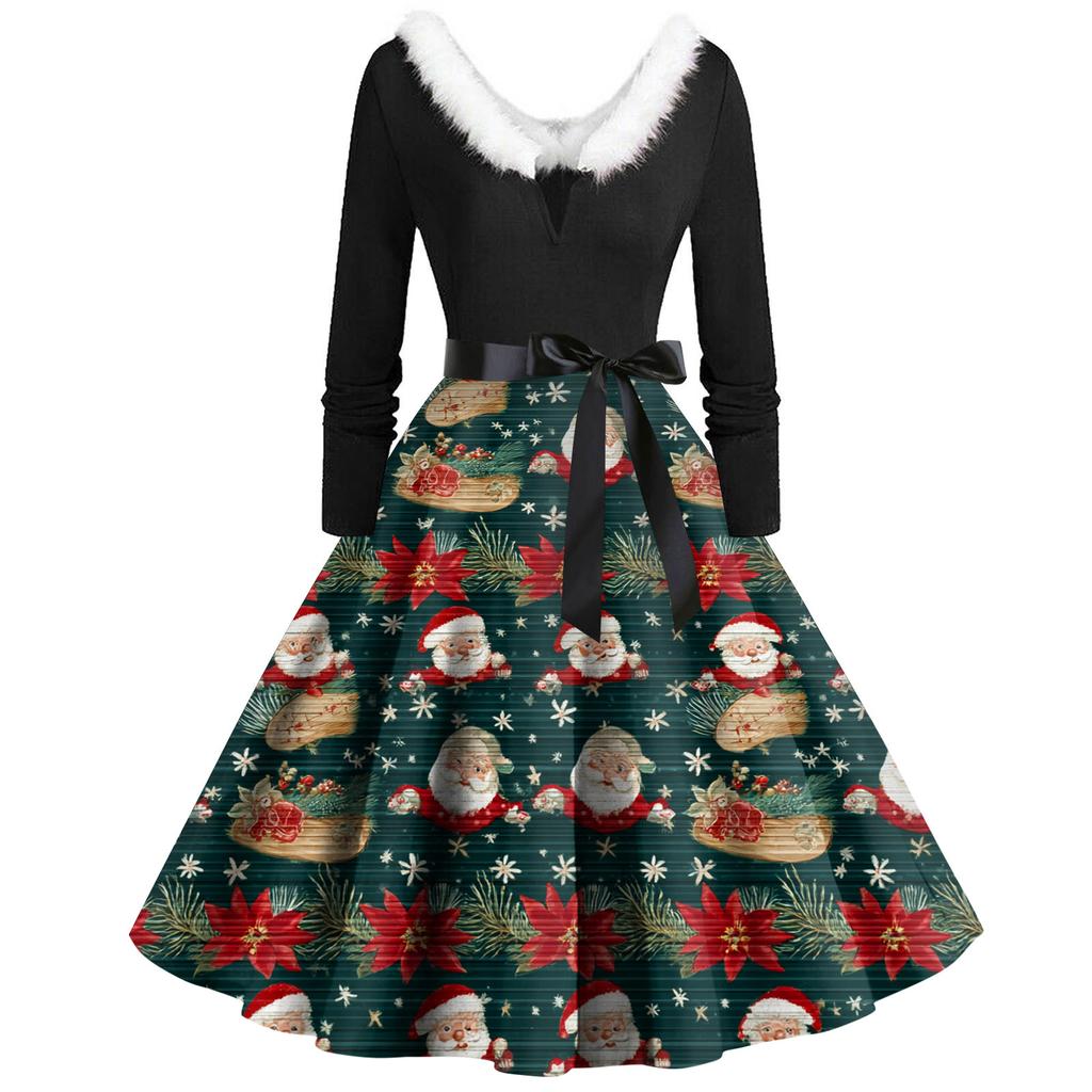 Women's Fashion Round Casual Slim Fit Christmas Print Large Swing Long Sleeve Dress