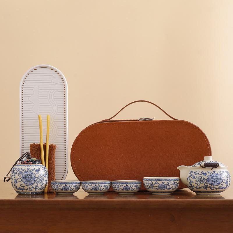 Hand-held Pot Twisted Lotus Portable Blue and White Travel Tea Set Kuaike Ru Kiln One Pot Three Cups Kuaike Cup Outdoor Gift