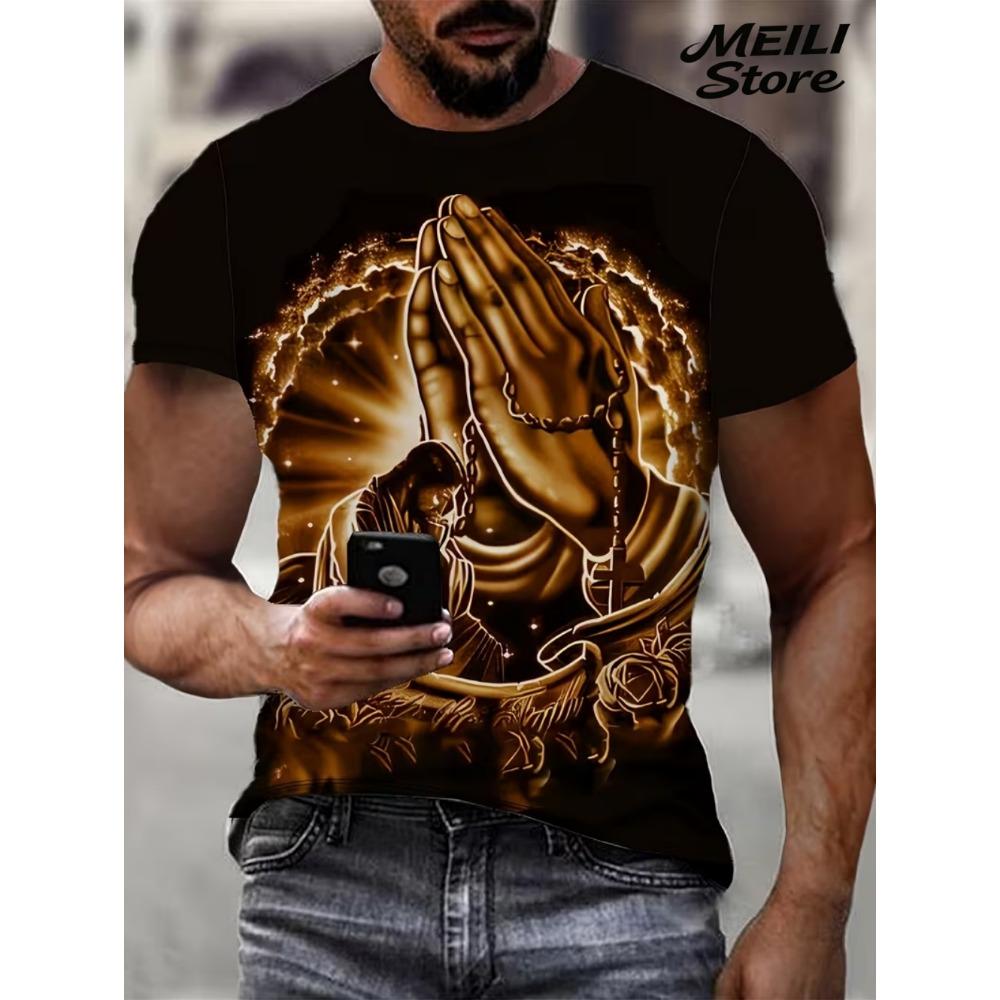 Herren 3D Jesus Druck T-Shirt Kurzarm Lässig Rundhals Betende Hände Design T-Shirt für Männer Neu im Oversized T-Shirt Oberteile