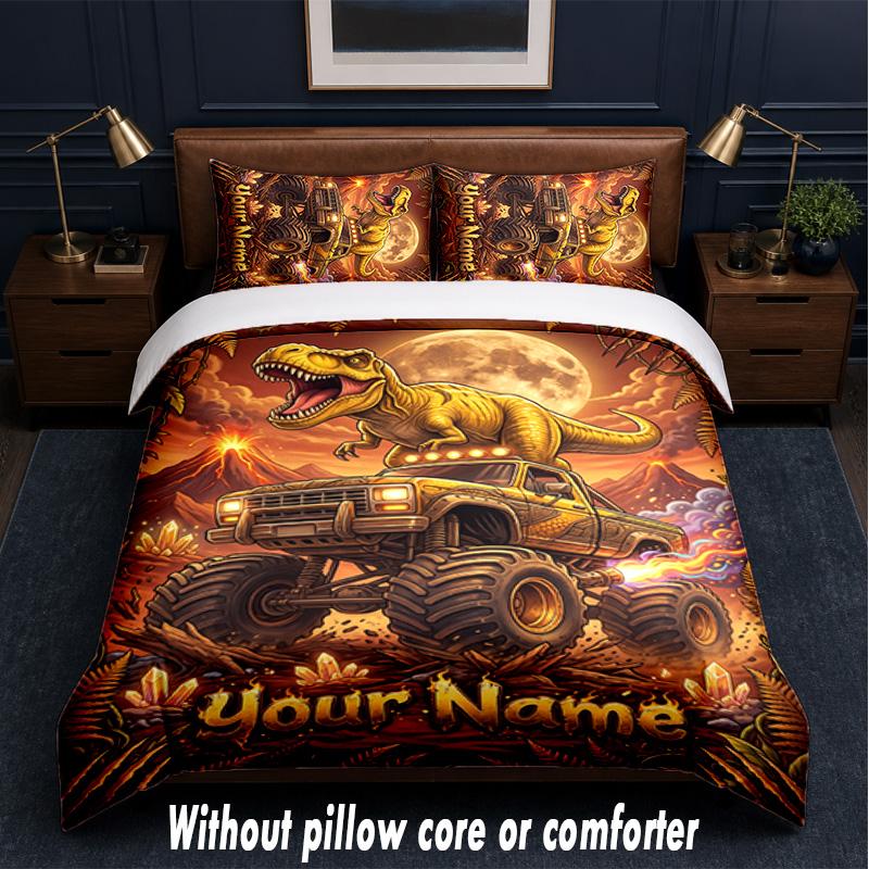 Monster Truck Theme Custom Text Or Name 3Pcs Bedding Set,1 Flat Sheet & 2 Pillowcases Personalized Home Bedding