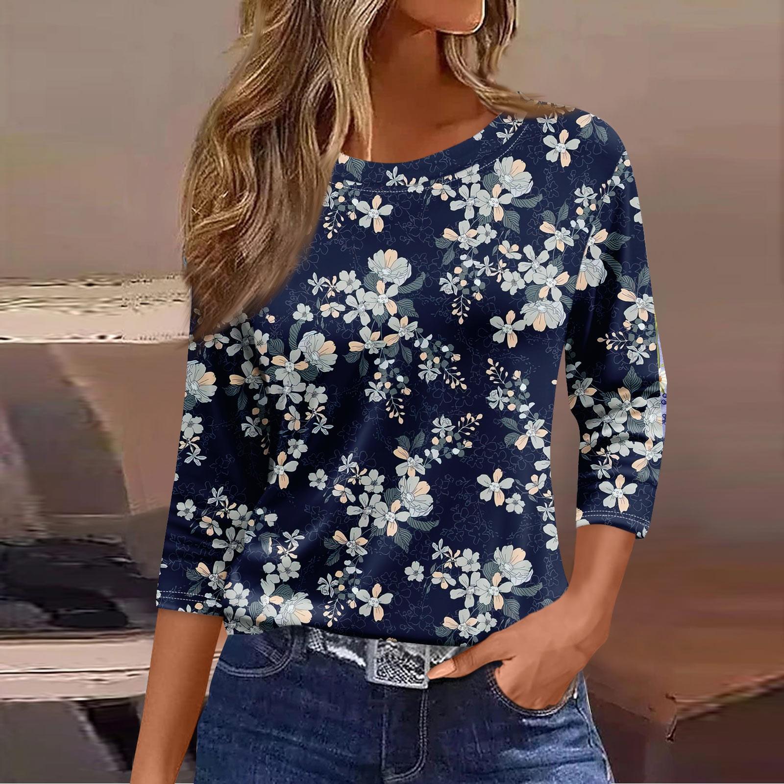 

Женская модная повседневная свободная футболка с круглым вырезом и рукавами 3/4 с принтом, женский топ S тёмно-синий