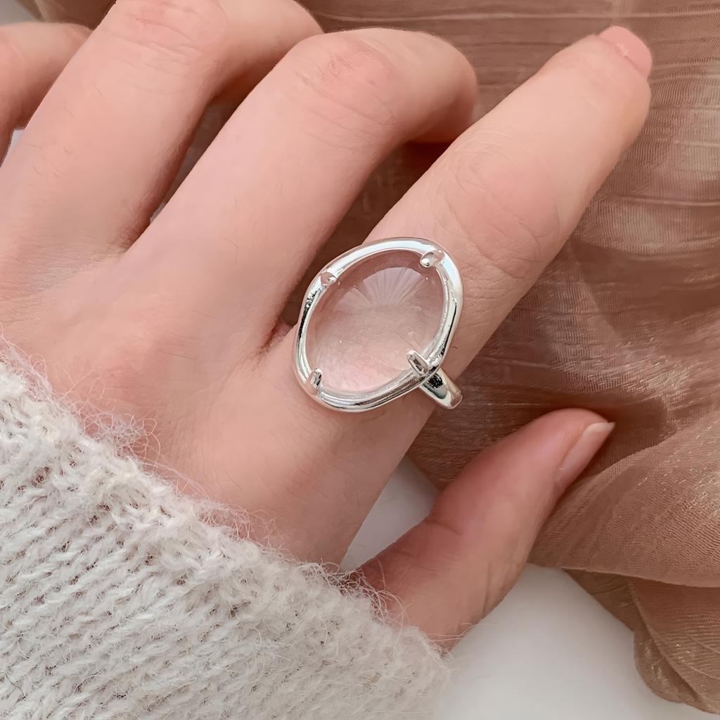 PANJBJ 925 Silver Geometry Crystal Ring For Women Ellipse Exaggerated Punk Water Drop Open Jewelry Gift