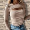 O-neck Long Sleeve Chest Hollow Out Ribbed Bottoming Blouse Autumn Winter Solid Color Slim Pullover Top Daily Clothing