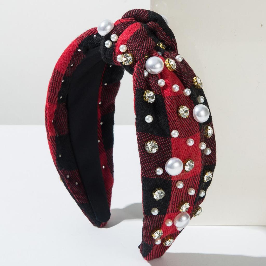 Fashionable Classic Plaid Fabric Headband Women's Nail Bead Rhinestone High-end Feeling Small Fragrance Hair Accessory