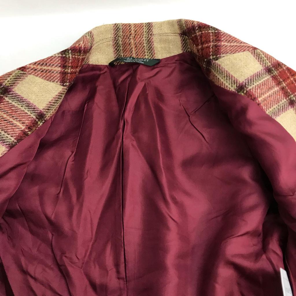 Made in Poland Laura Ashley Short Pea Coat 9 Women M Red×Beige Check Outer Jacket(USED)
