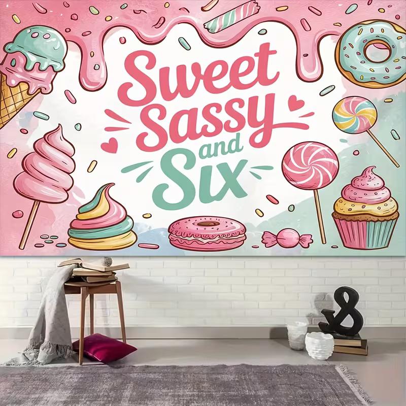 2D Pink Birthday Backdrop "Sweet Sassy and Six!" with Donuts, Cupcakes & Sprinkles Background