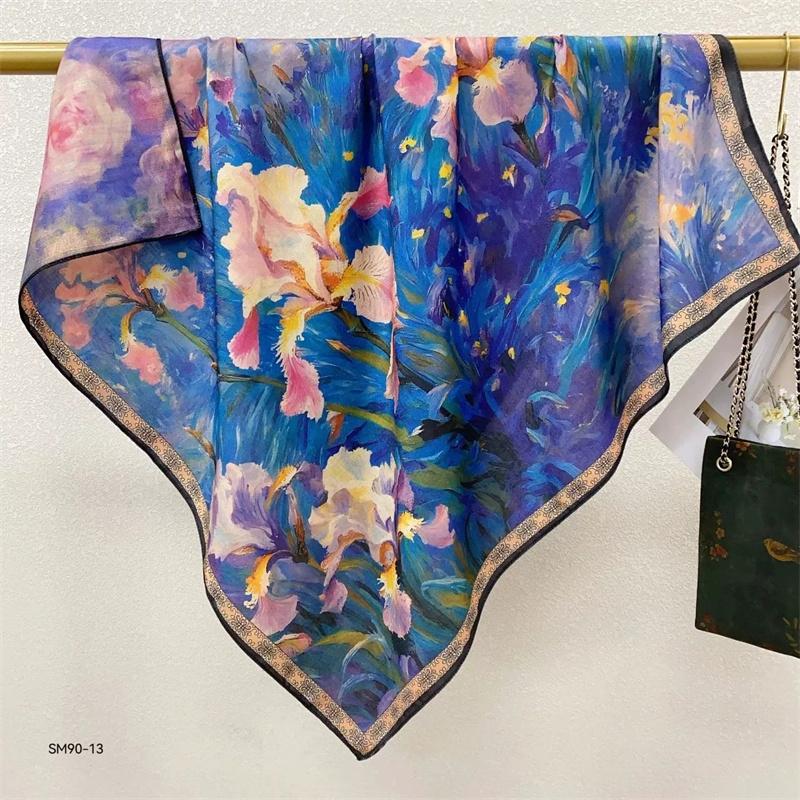 Double-Sided Faux Silk And Wool Printed Scarf For Women Spring And Autumn 90Cm Square Scarf Foulard Bandana Femmel Headscarf