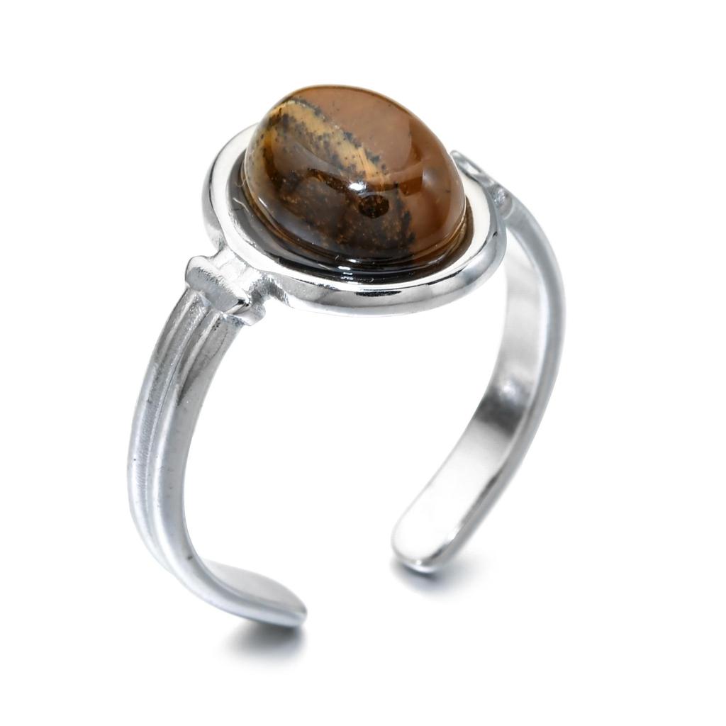 Bague ouverte ovale en pierre semi-précieuse – Bague tendance en acier titane résistant à la lumière pour femme