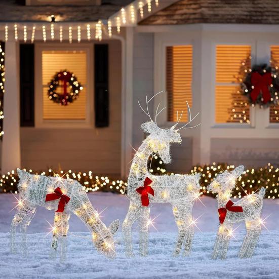 Christmas Light Up Reindeer Decoration Outdoor Lighted Deer Family with Bow 2D Waterproof Metal Reindeer for Yard Patio Lawn Garden Party Decor