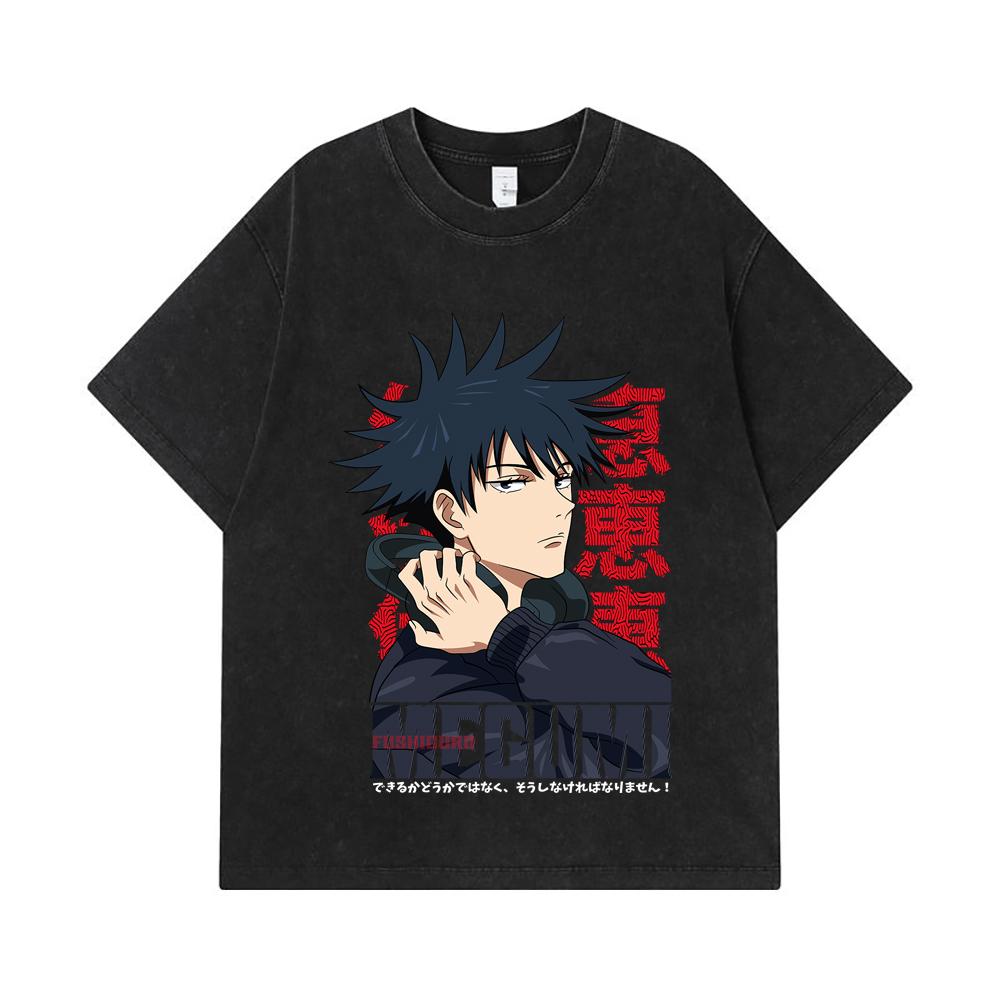 275 GSM Washed T-shirts 100% Cotton Jujutsu Kaisen V38 Megumi Print Unisex Heavy Cotton T Shirt