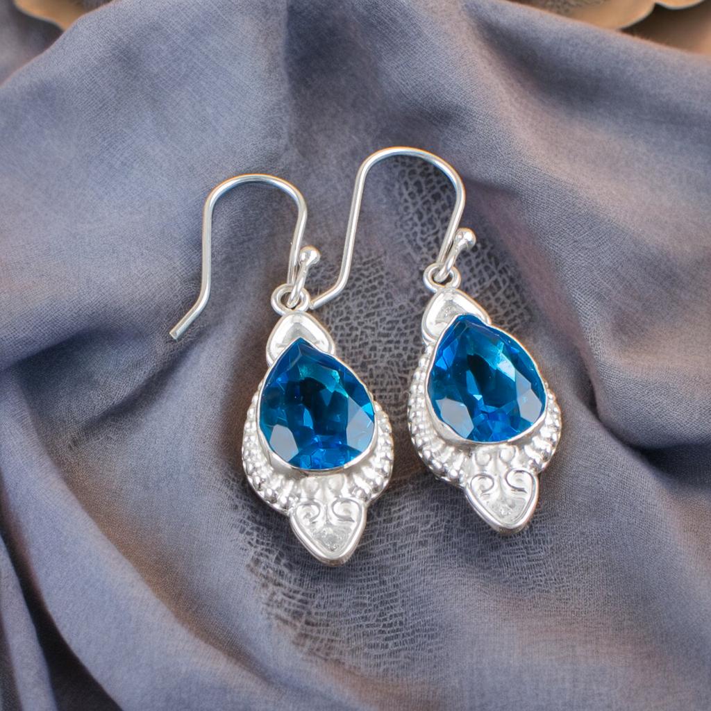 Swiss Blue Topaz Gemstone 925 Sterling Silver Jewelry Handmade Earrings 1.80" EE-42-8