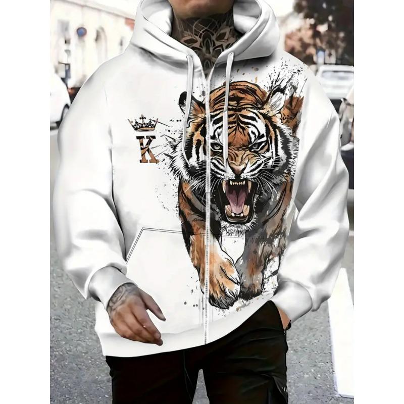 Herren Kapuzenpullover mit Reißverschluss und Tiger-Grafik, Langarm, Lässiger Outdoor-Mode-Mantel mit Kordelzug und Taschen, Reißverschluss-Kapuzenpullover für den Mann