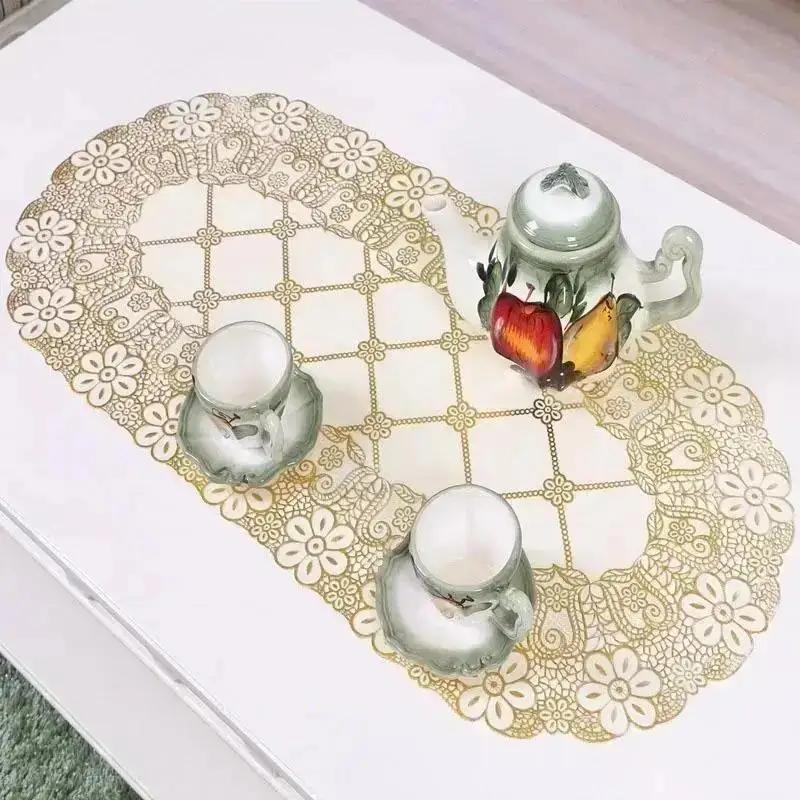1Pcs Vintage Lace Embroidered Oval Tablecloth for Wedding Party Home Tea Table Mats Kitchen Decoration Waterproof PVC Desk Cloth