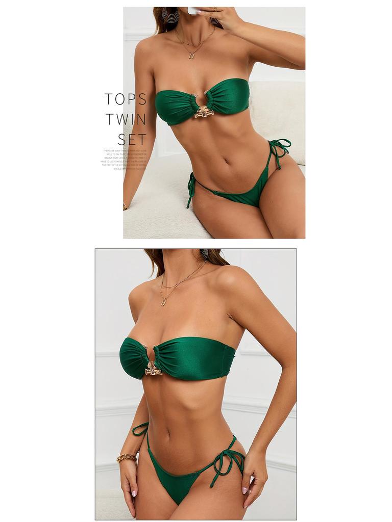 2024 Europäisches und amerikanisches sexy Bikini-Set aus glänzendem Stoff mit Tube-Top